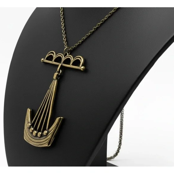 Signed Gard Berg Viking Longship Necklace Scandinavian Brutalist Bronze 1970s - Picture 3 of 12
